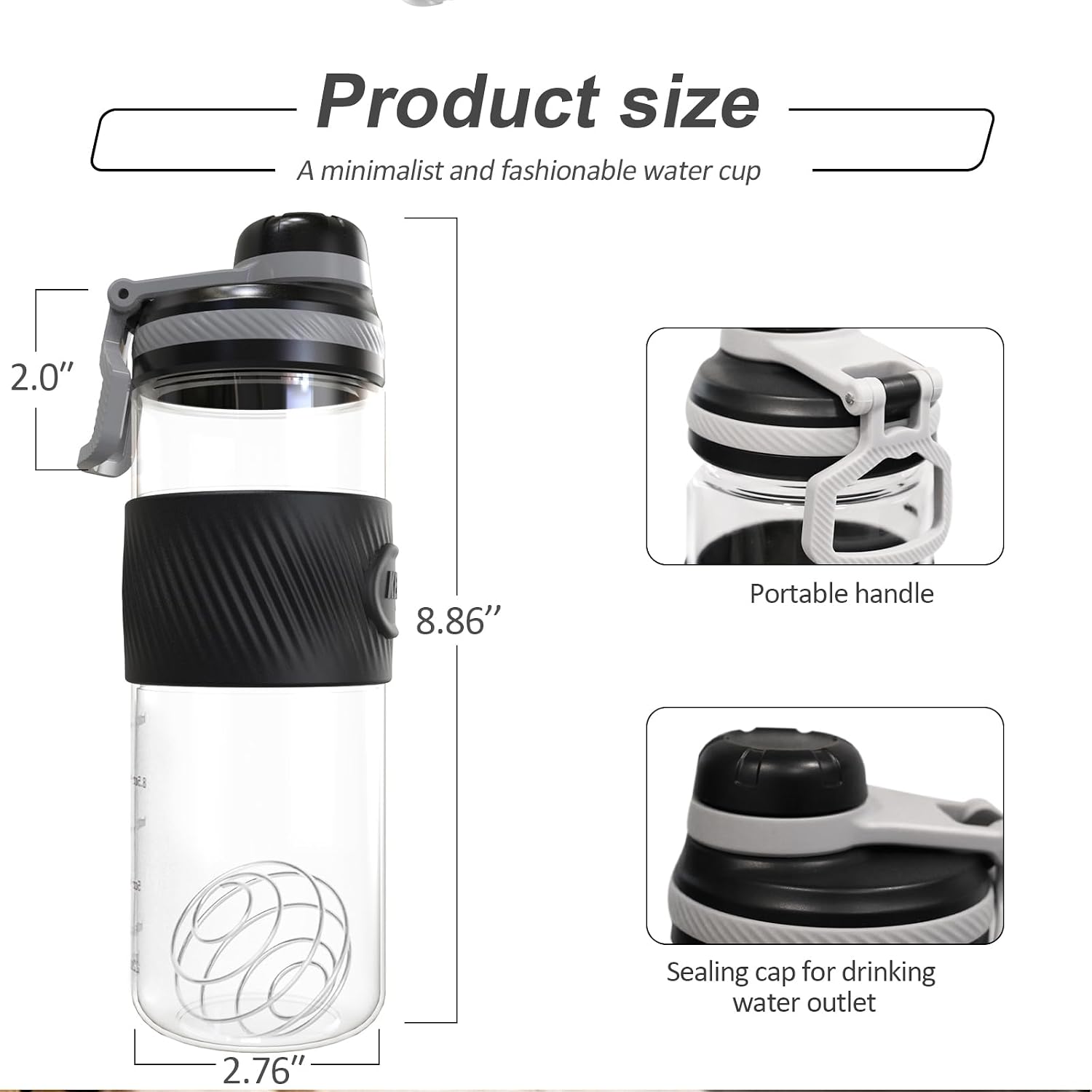 Detalle de OUOUMUF Protein Shaker Bottle with Mixball Blender 700ml