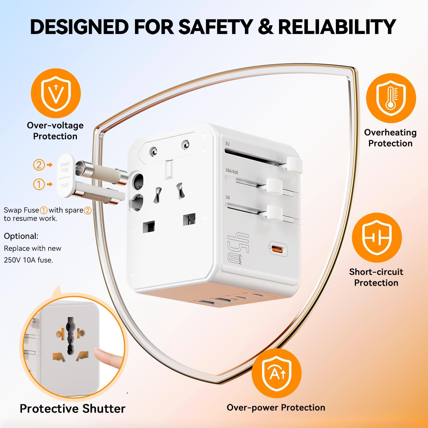Detalle de Auxmir Universal Travel Adapter — 8-in-1 Worldwide Power Plug with 3 AC, 3 USB-C PD, and 2 USB-A Ports