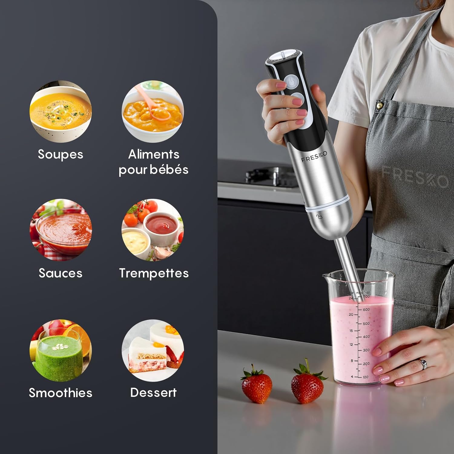 Thumbnail 6 de Mixeur plongeant Fresko 1000 W : 12 vitesses + turbo, bol 700 ml en inox