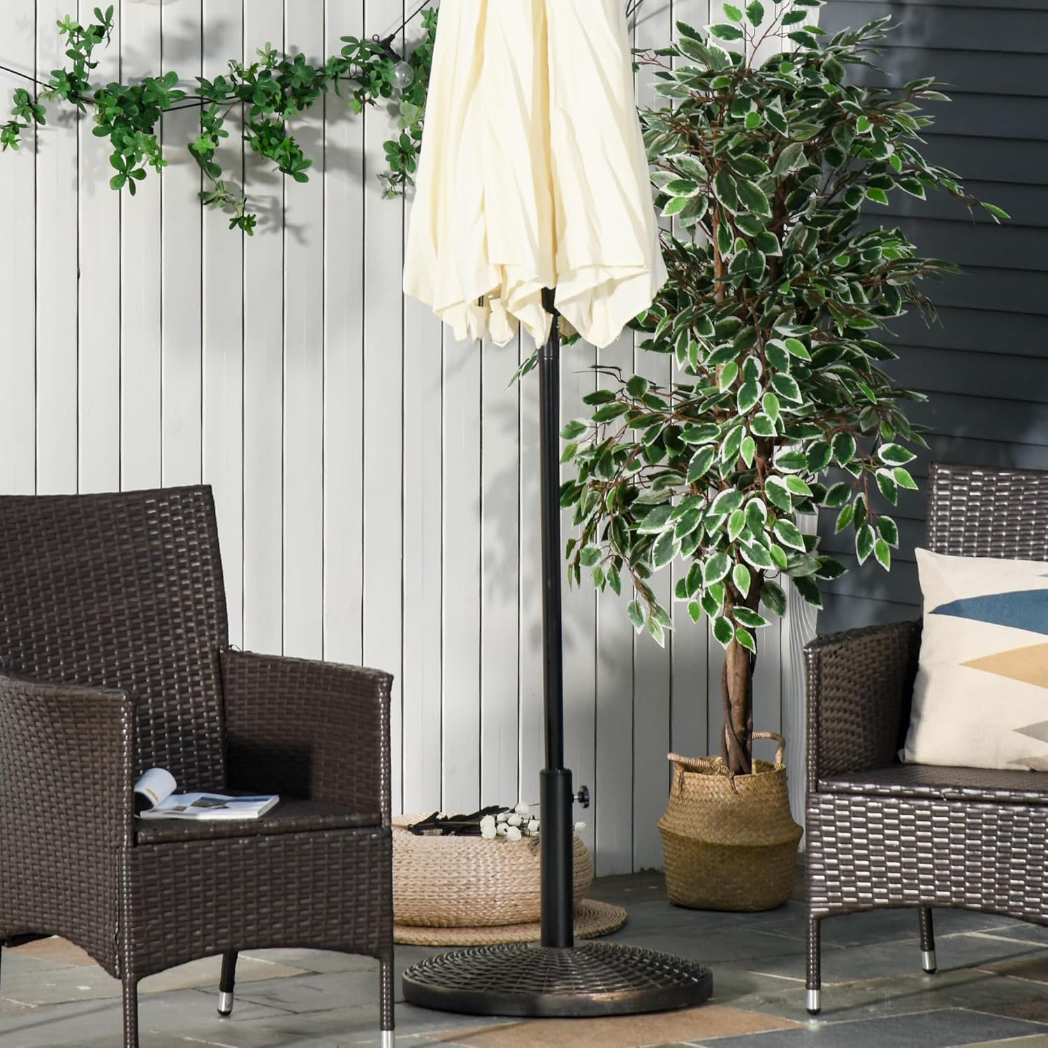 Thumbnail 1 de Outsunny pied de parasol rond sur base de lestage en HDPE imitation rotin, noir bronze