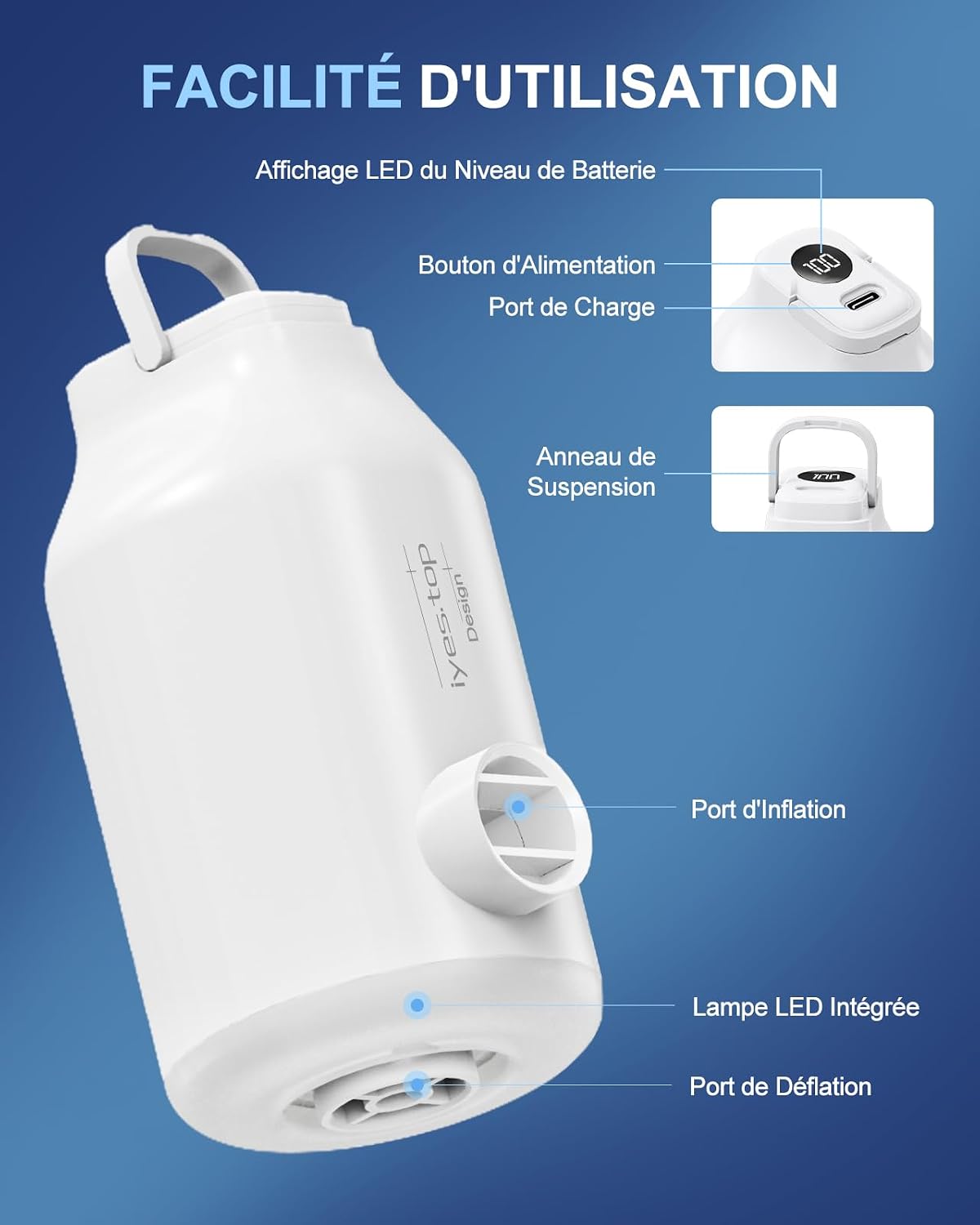 Detalle 2 de Pompe à air électrique Gonfleur portable avec batterie pour matelas et lits gonflables – 5 buses + lampe LED