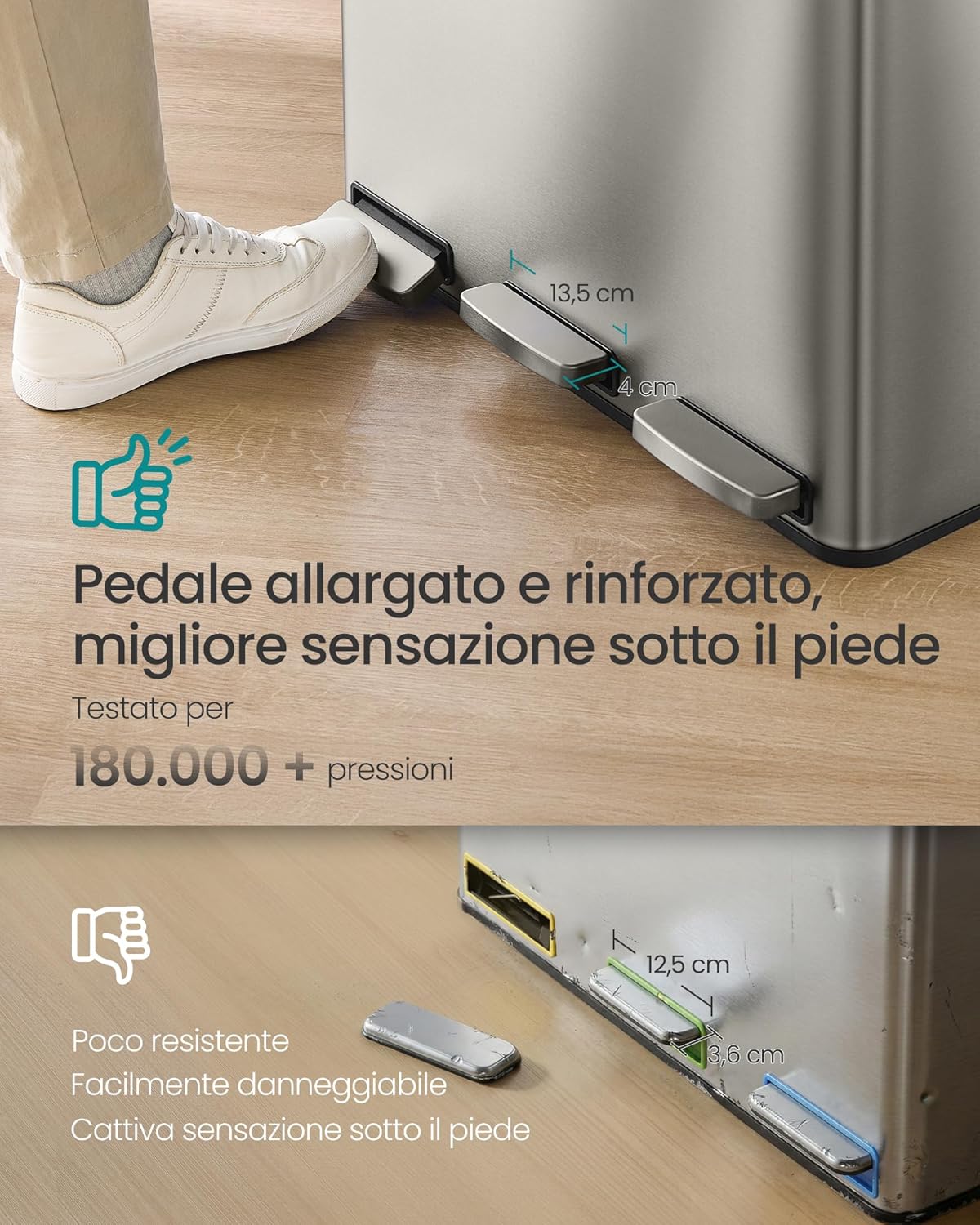Thumbnail 2 de SONGMICS Pattumiera Cucina 3 x 15 L, Cestino 3 Scomparti in Acciaio Inox – LTB145EZ01