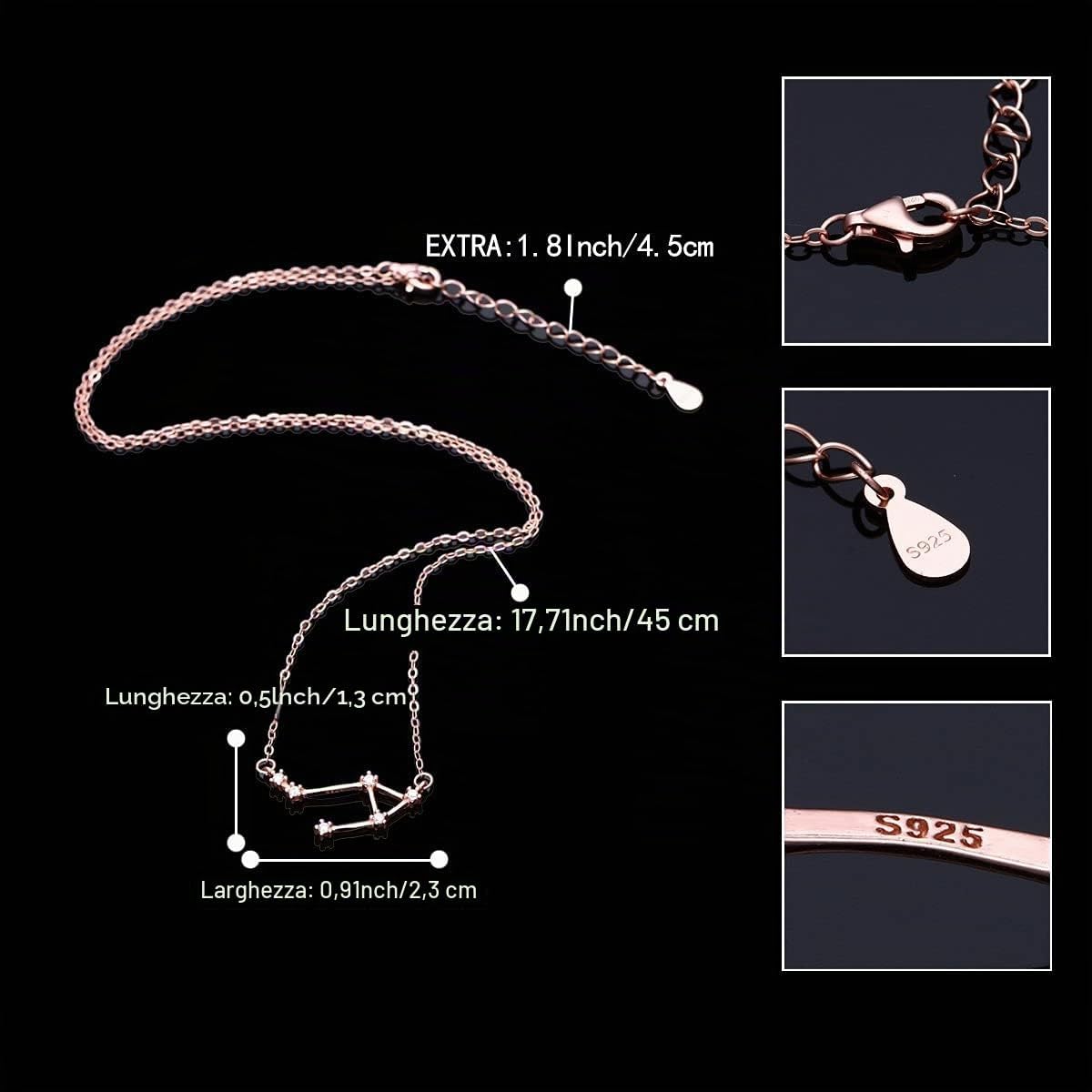 Detalle de Clearine Costellazione Collana Argento 925 con Zirconia rosa-oro, ciondolo zodiacale