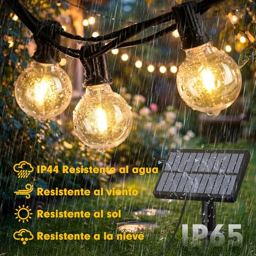 Detalle de Warlisou Guirnaldas Luces Exterior Jardin Solar - G40 14 m, 45.9 ft, 14 LEDs, IP44/IP65, Control Remoto y Carga Dual