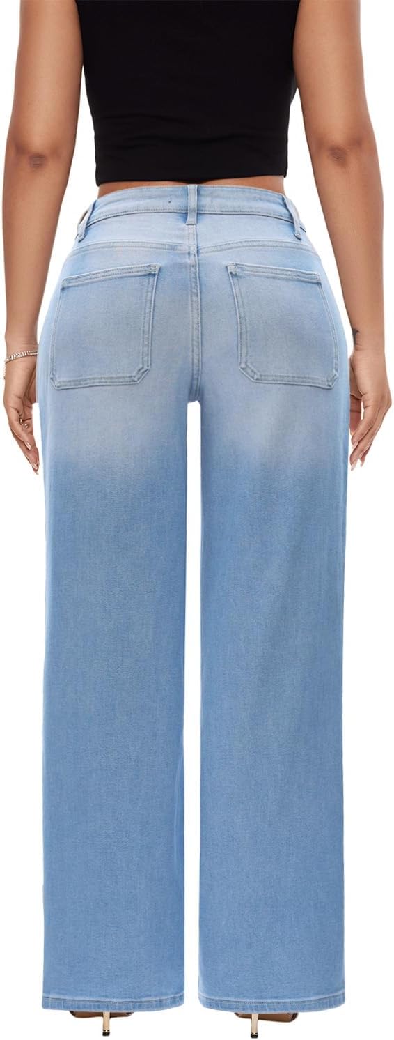 Detalle 2 de ONESO Wide-Leg Jeans for Women, Mid-Low Rise Stretch Denim with Front Patch Pockets