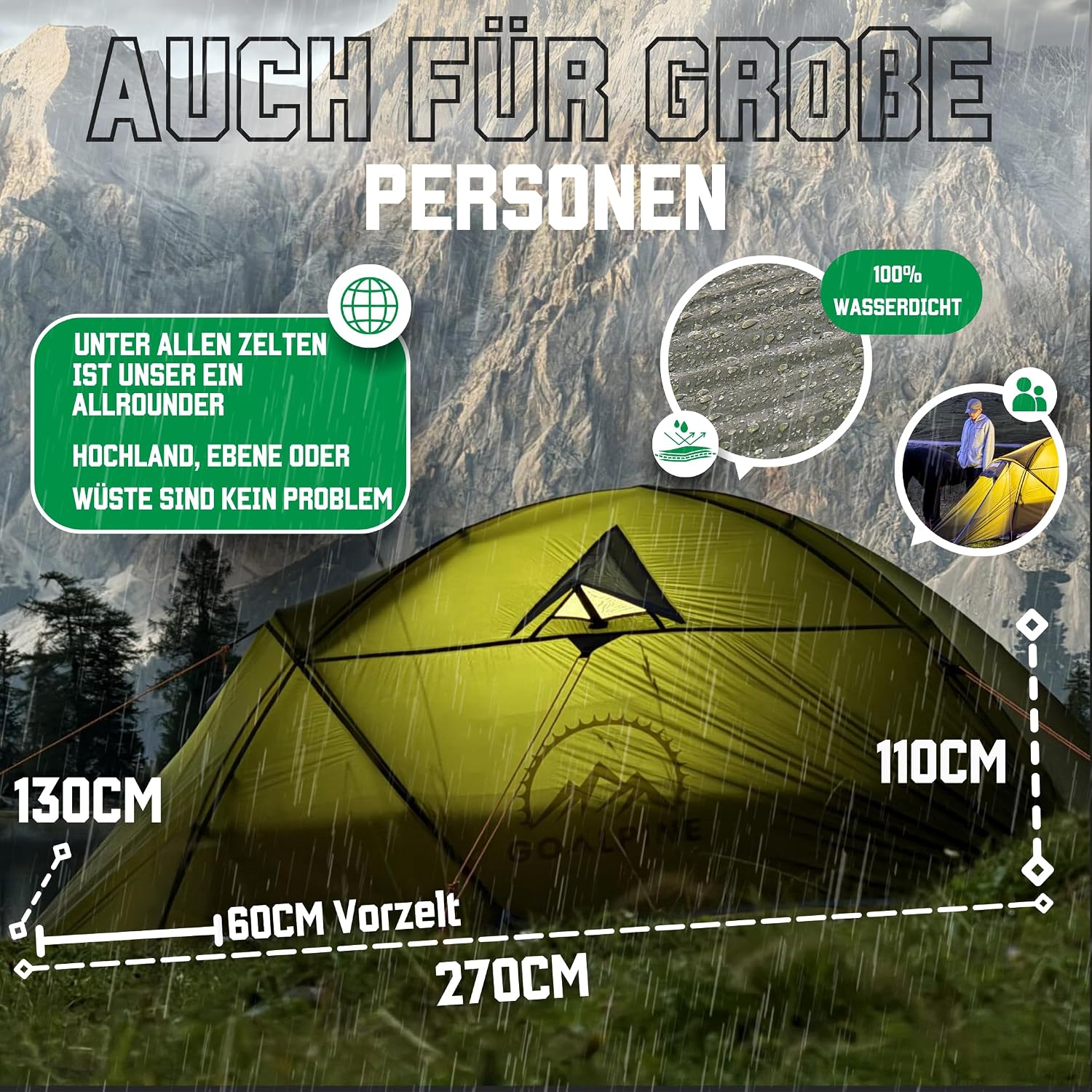 Thumbnail 2 de GOALPINE® Zelt für 1–2 große Personen – wasserdicht (4000 mm), ultraleicht & kleines Packmaß für Touren