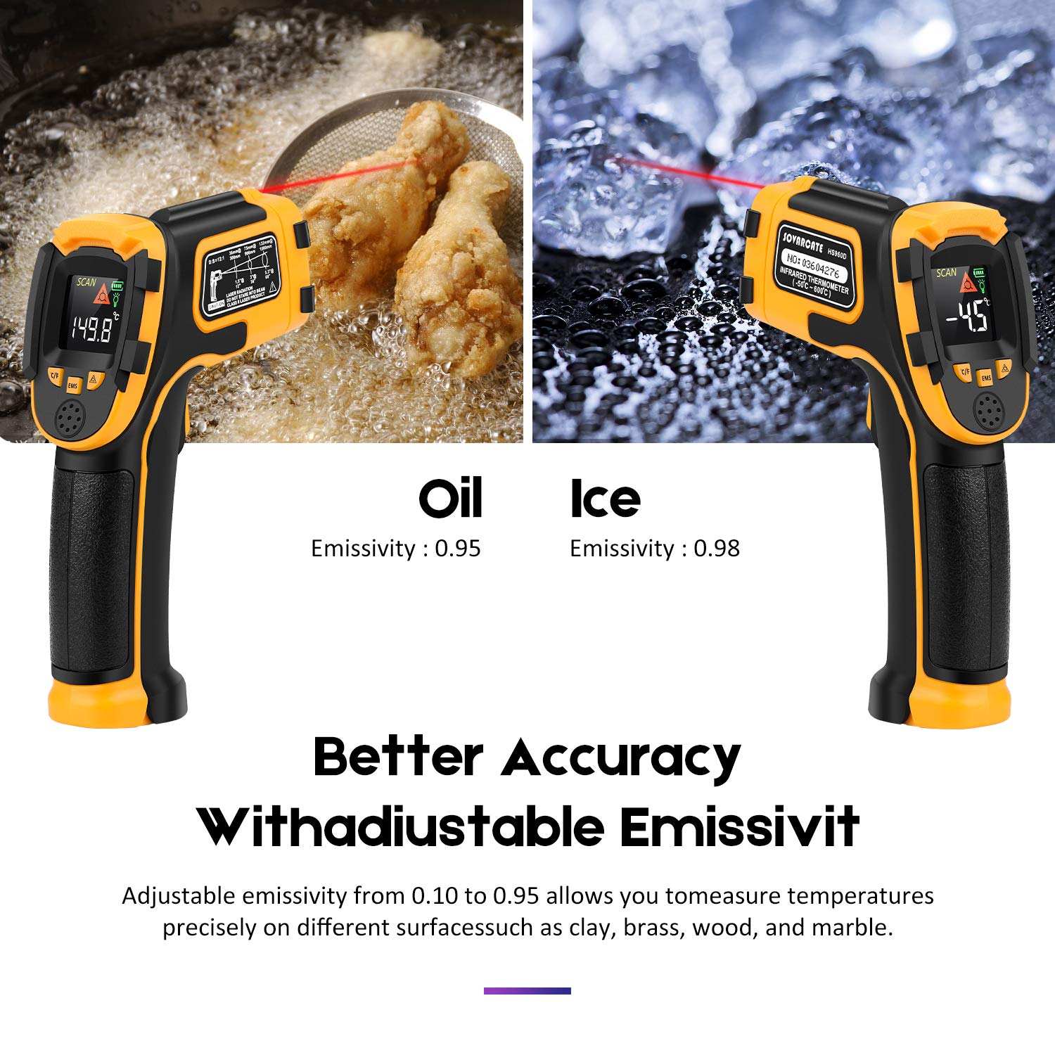 Thumbnail 3 de Infrared Thermometer (Non-Contact IR Temp Gun) with Adjustable Emissivity + Meat Thermometer -50°C to 600°C