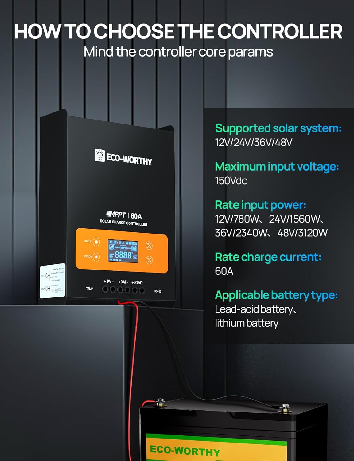 Detalle 2 de ECO-WORTHY 60A MPPT Solar Charge Controller with Bluetooth & WiFi (150V PV, 12/24/36/48V)