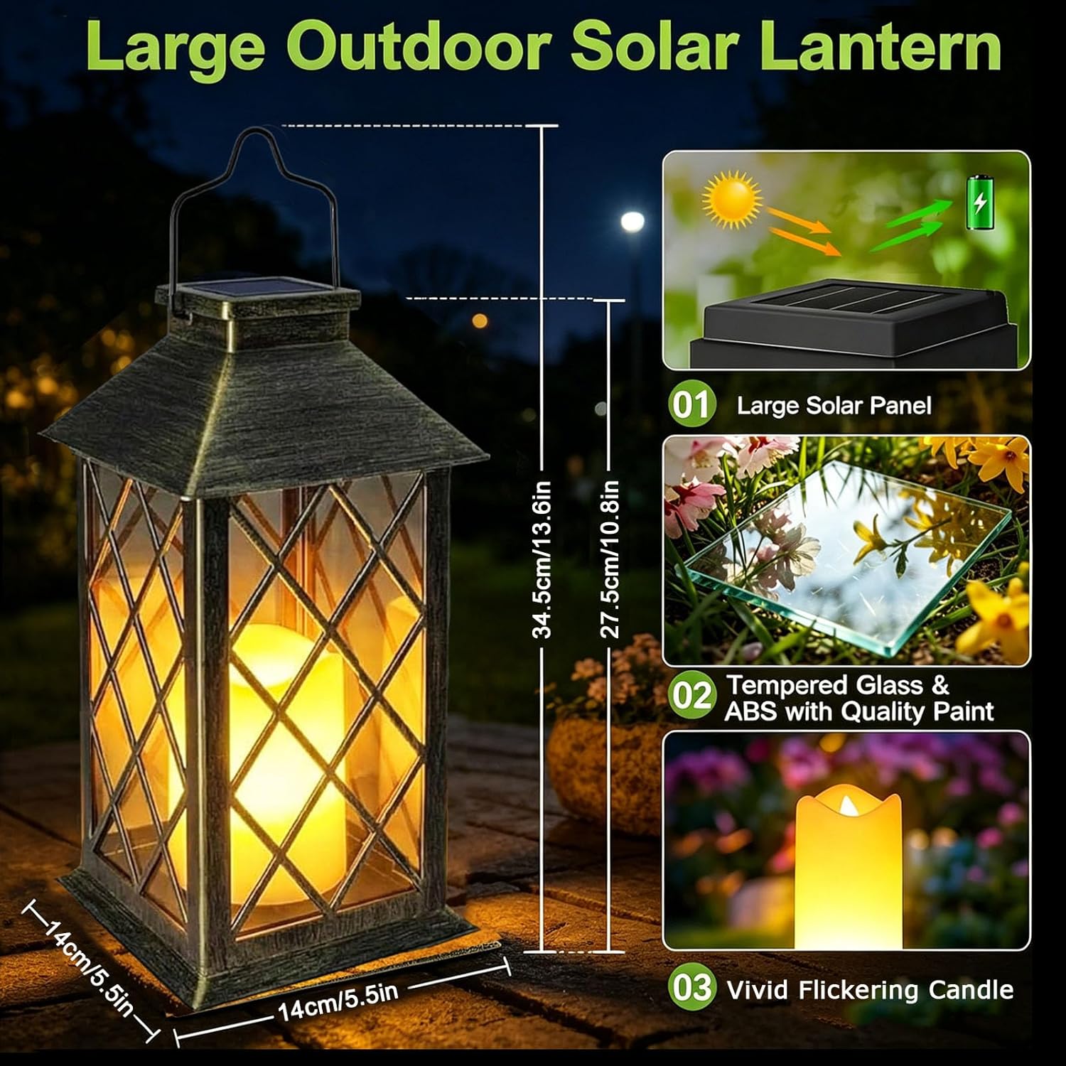 Thumbnail 2 de Yowin Solar Lanterns for Outside (2 Pack) 35cm Hanging Lanterns with Flickering LED Candle, Tempered Glass, IP44 – Bronze
