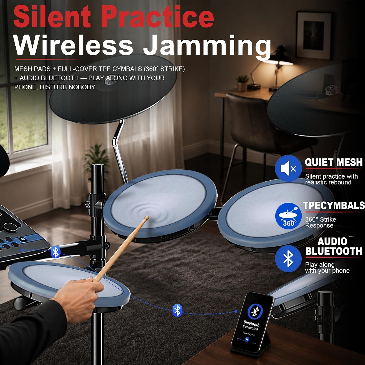 Detalle de MOSEN UMED Electronic Drum Set, 450 Sounds, 50 Kits, Quiet Mesh Pads