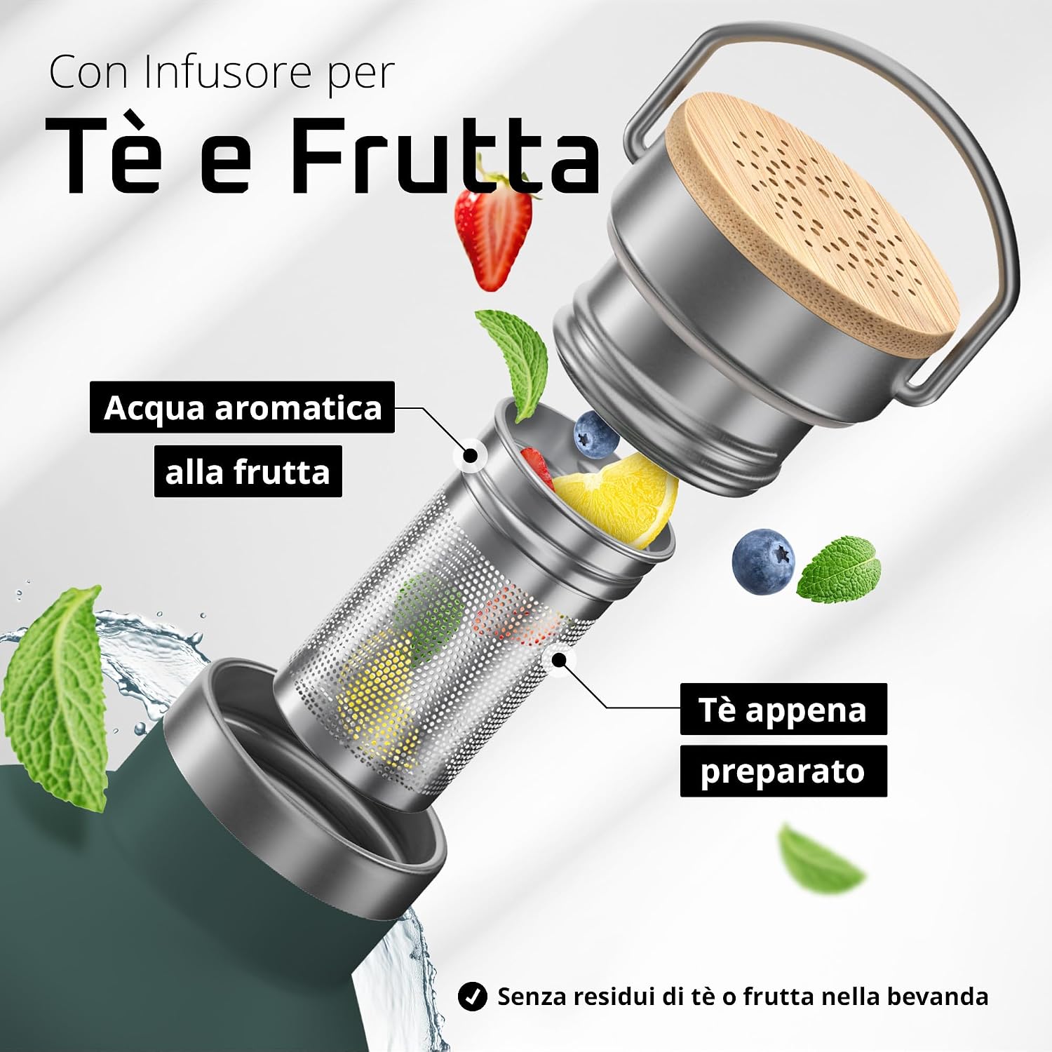 Detalle de BeMaxx Borraccia Termica ACTIVE FLASK 950 ml: infusore, tre tappi e acciaio inox, senza BPA