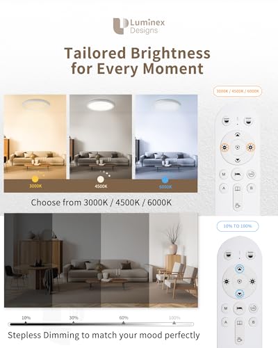 Detalle de LuminexDesigns Plafón LED Regulable 24W con Mando – Lámpara de Techo Ø30cm, Luz Nocturna 2000K y Temporizador