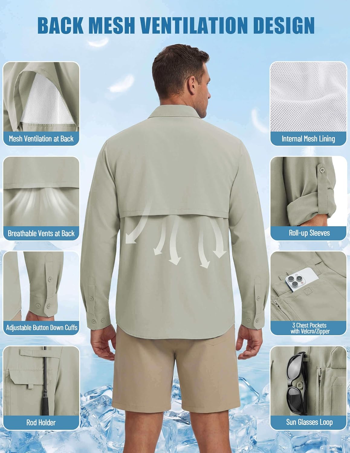 Detalle de WULFUL Men's Sun Protection Fishing Shirts UPF 50+ Lightweight Quick Dry Long Sleeve with Roll-Up Cuffs