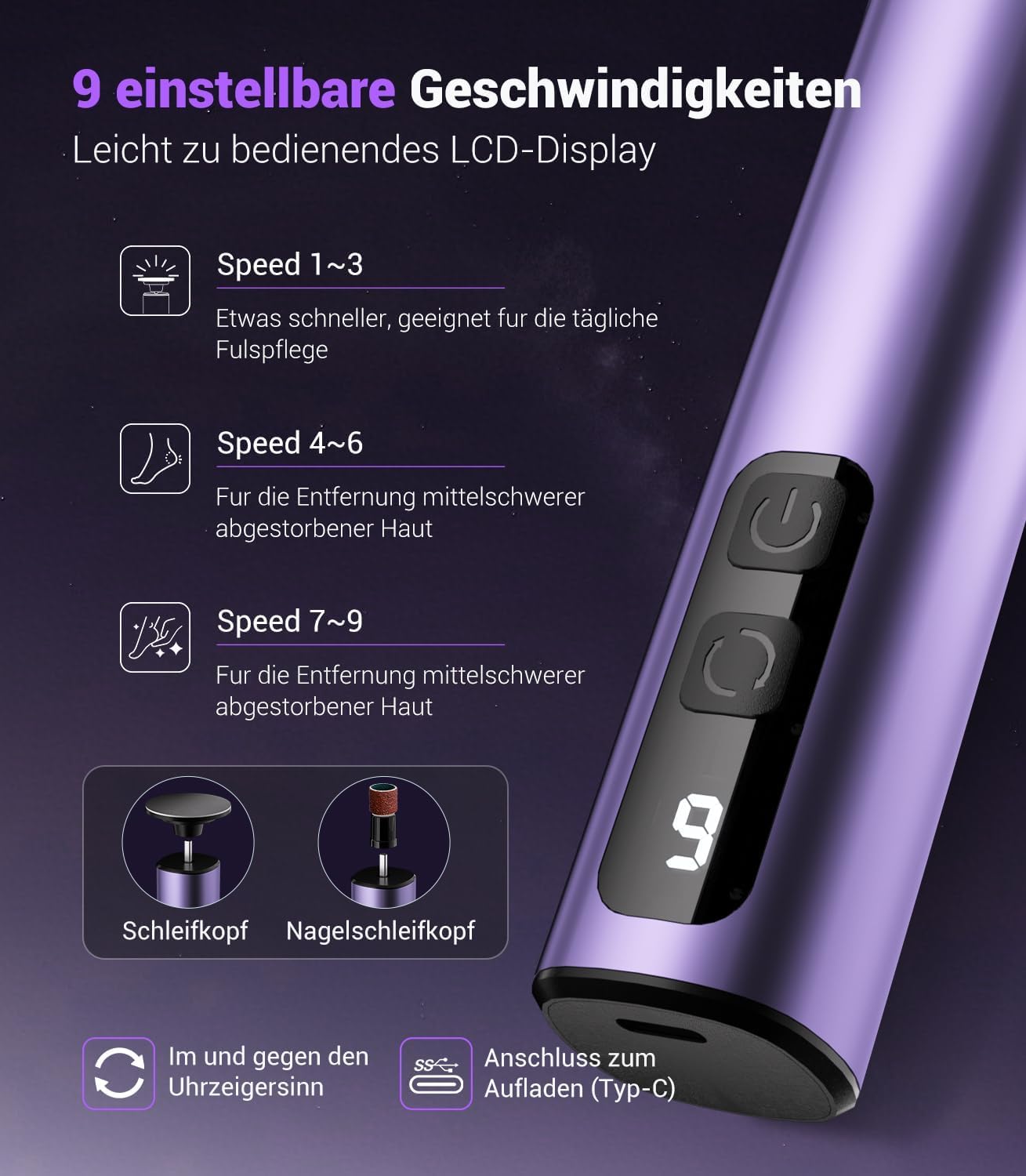 Detalle 2 de Elektrischer Hornhautentferner mit 9 Geschwindigkeiten (Type-C, violett) – für glatte Fersen & weniger rissige Haut