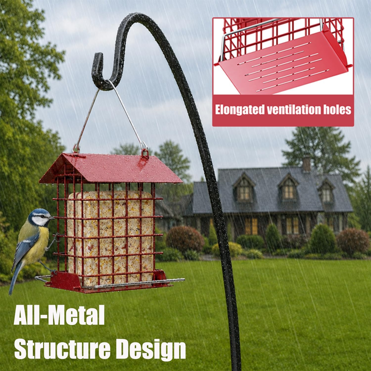 Detalle 2 de HOSUN HSZFWNQ Metal Suet Bird Feeder, Red, with Weather-Resistant Roof