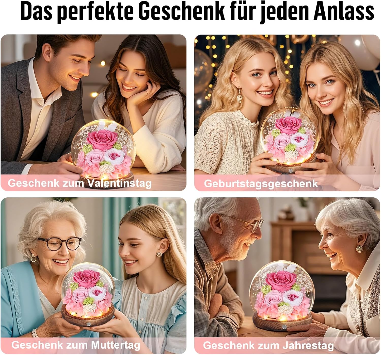 Detalle 2 de Ewige Rose im Glas mit LED-Licht – Infinity Rose in Glaskuppel