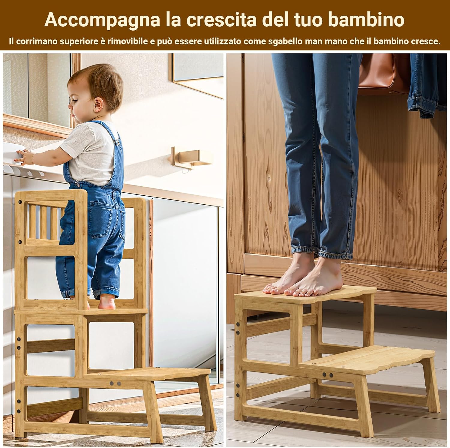 Detalle 2 de COSYLAND Torre Montessoriana per Bambini 2 in 1 – Sicurezza e Versatilità in Bamboo Naturale