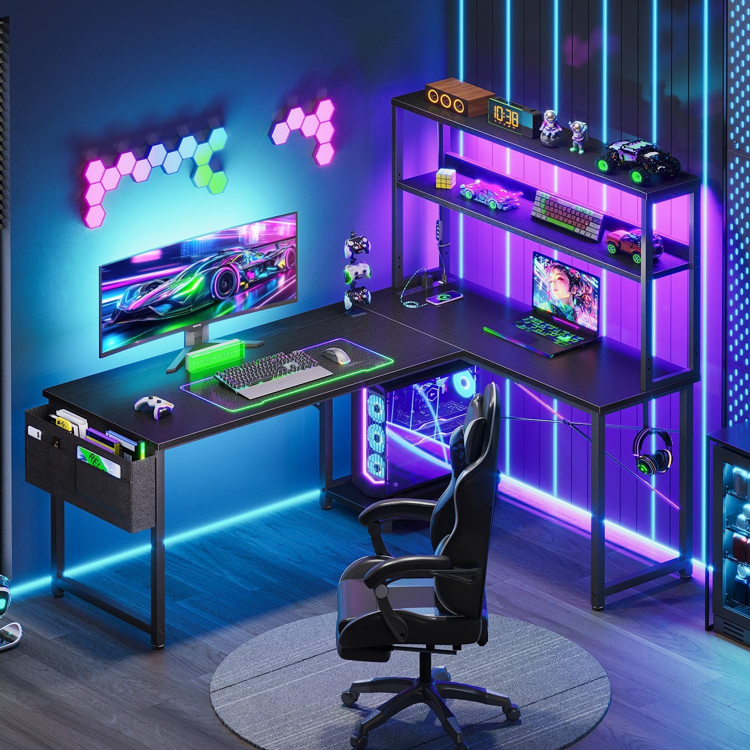 Detalle de AODK MN-143 53-Inch L-Shaped Gaming Desk with LED Lights and Power Outlets