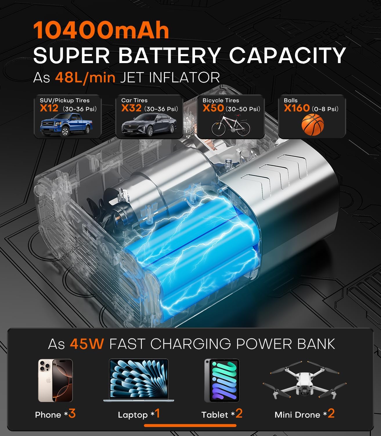 Thumbnail 2 de Tire Inflator Portable Air Compressor by SuperBars — 7X Faster, APP-Connected, 160 PSI, 48 LPM, 10400mAh Battery