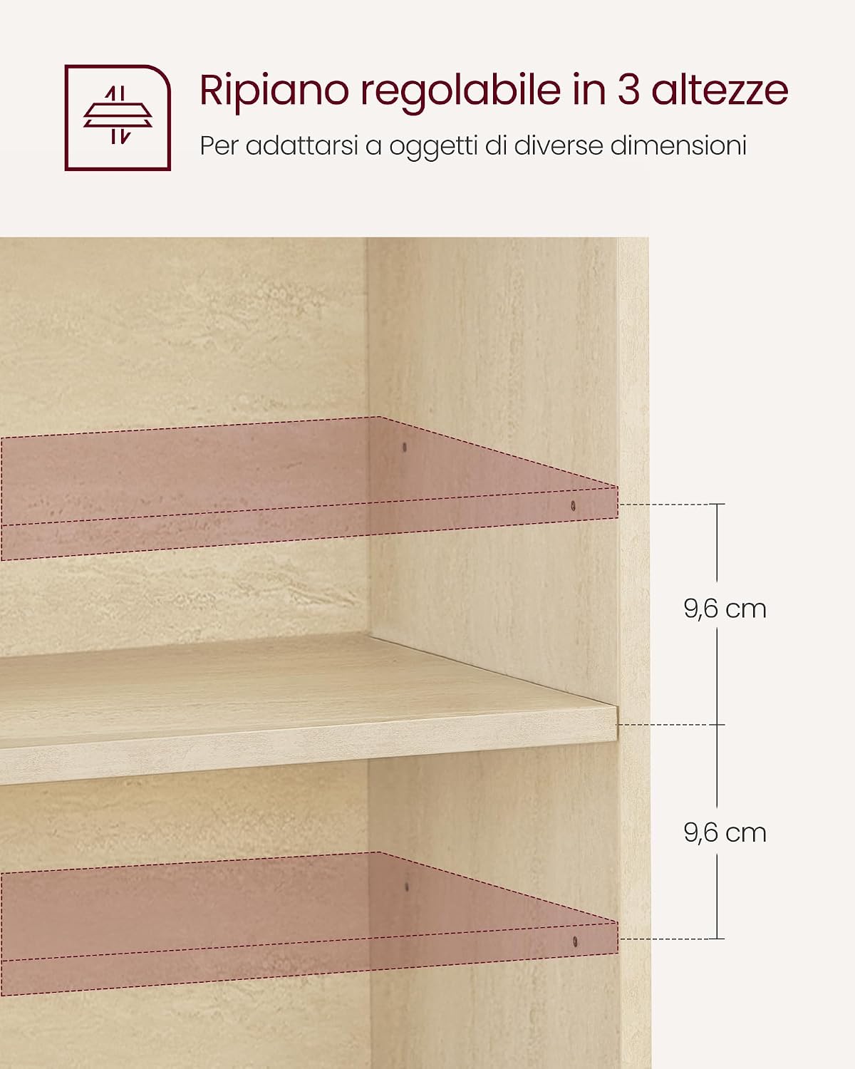 Detalle de VASAGLE CUSTOS Collezione set da 2 comodini con scomparti aperti e ripiano regolabile LET866LA01 beige travertino