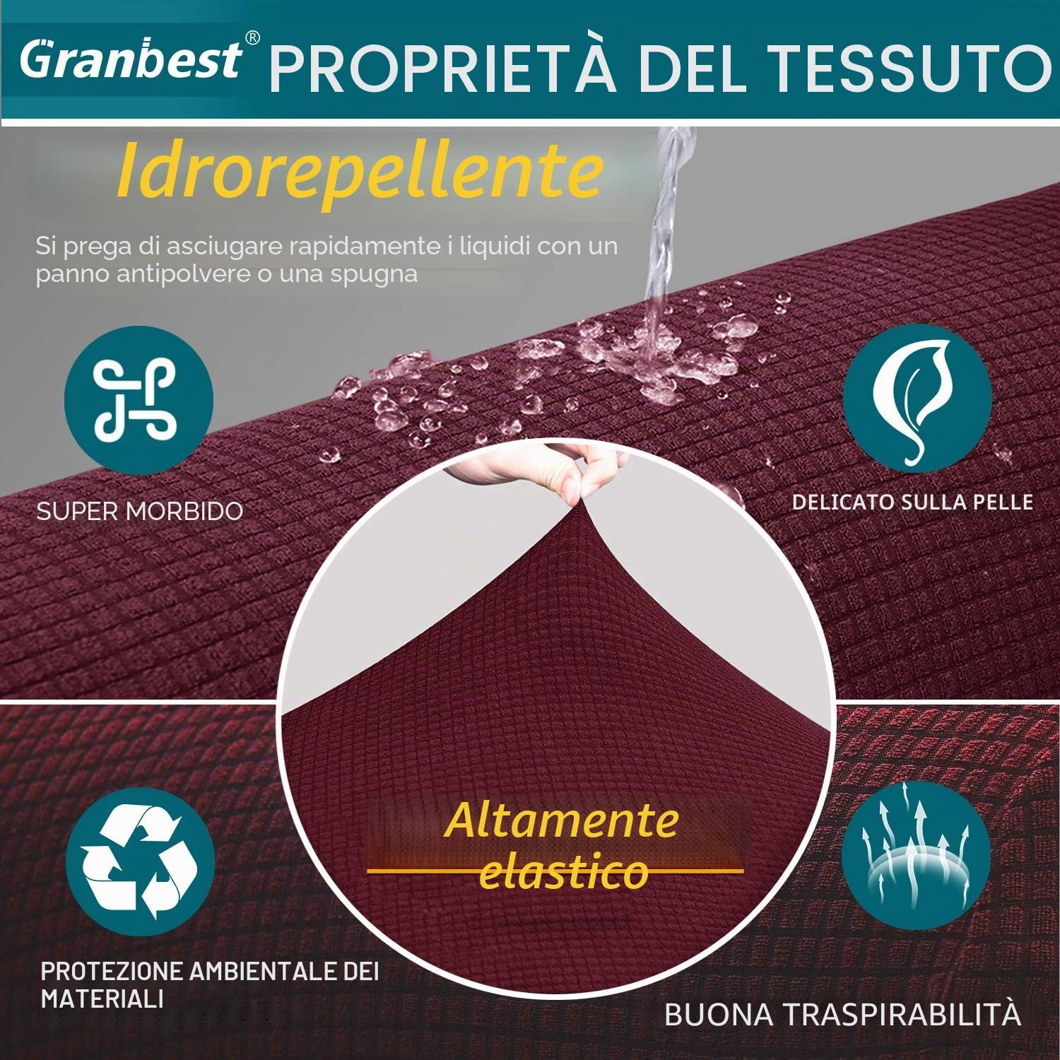Detalle de Granbest Copridivano Impermeabile Monopezzo Alto Elasticizzato per 3 Posti – Tessuto Jaquard Spandex, Antigraffio e Antiscivolo, Colore Vino