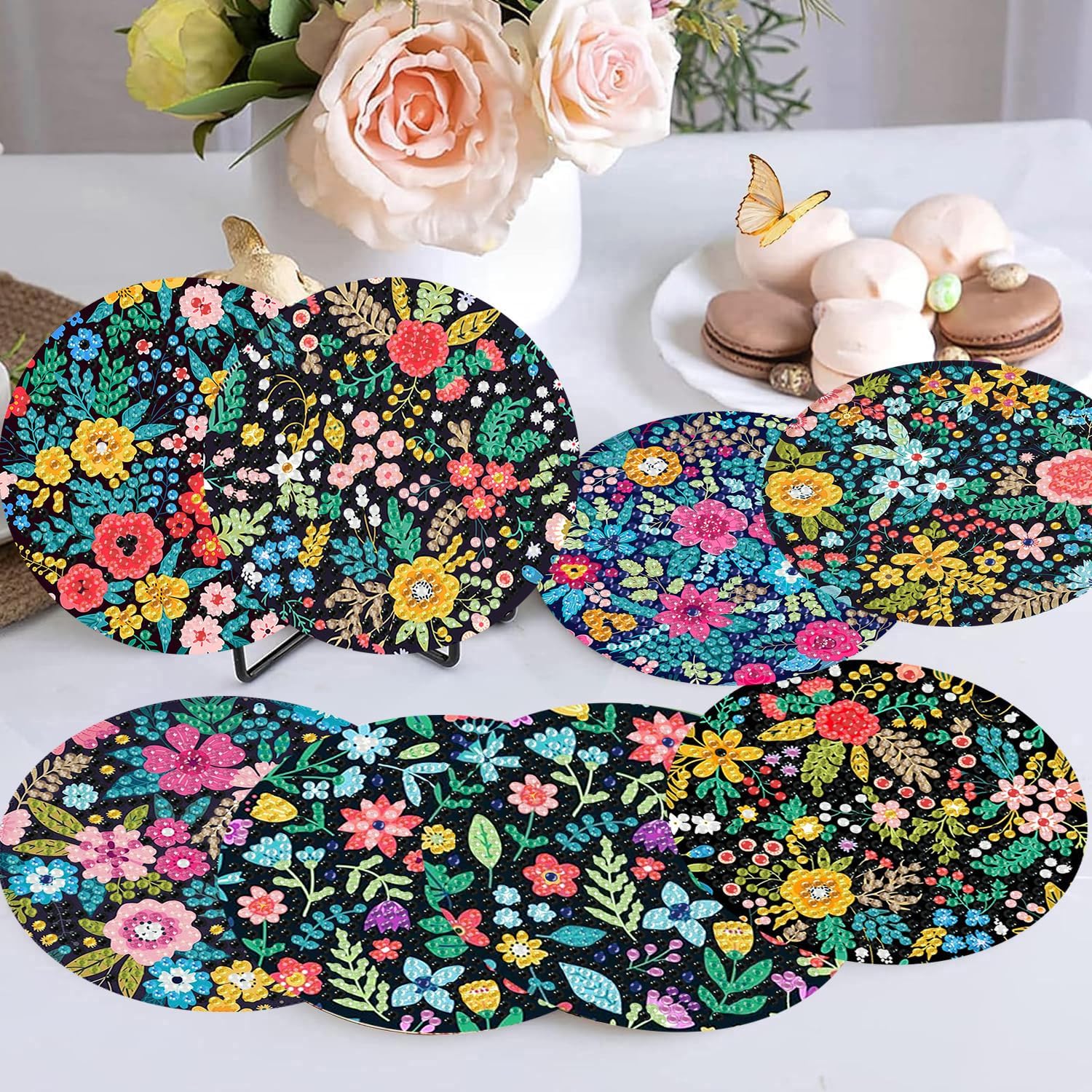 Detalle de mrpwnle 8-Pack Floral Diamond Art Coaster Kit with Acrylic Coasters, Cork Pads and Holder