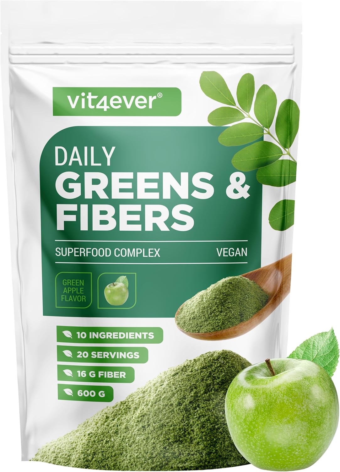 Detalle de Vit4ever Daily Greens & Fiber Poudre (600 g) – combinaison fibres & superfoods au goût pomme verte