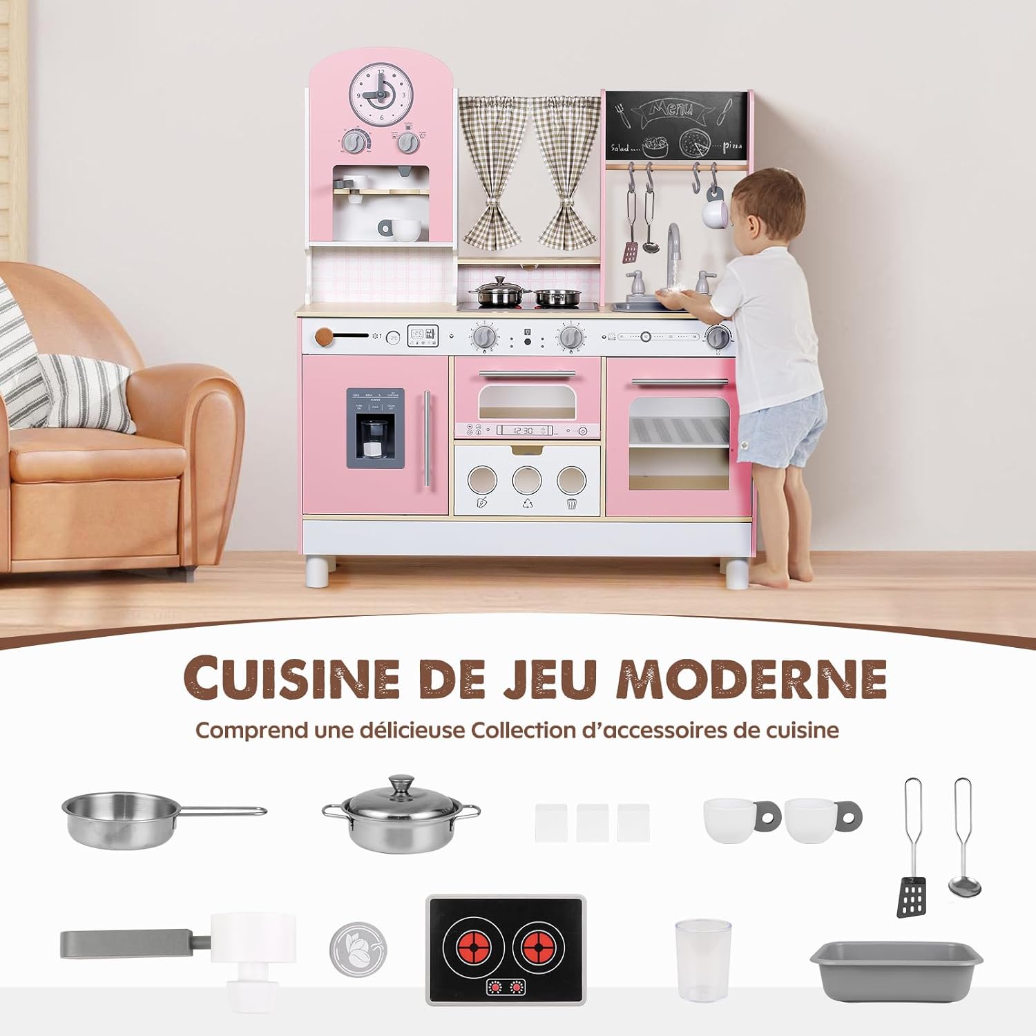 Thumbnail 3 de EDUBEBO Ensemble de Jeu de Cuisine pour Enfants – hauteur réglable en bois avec accessoires (Rose)