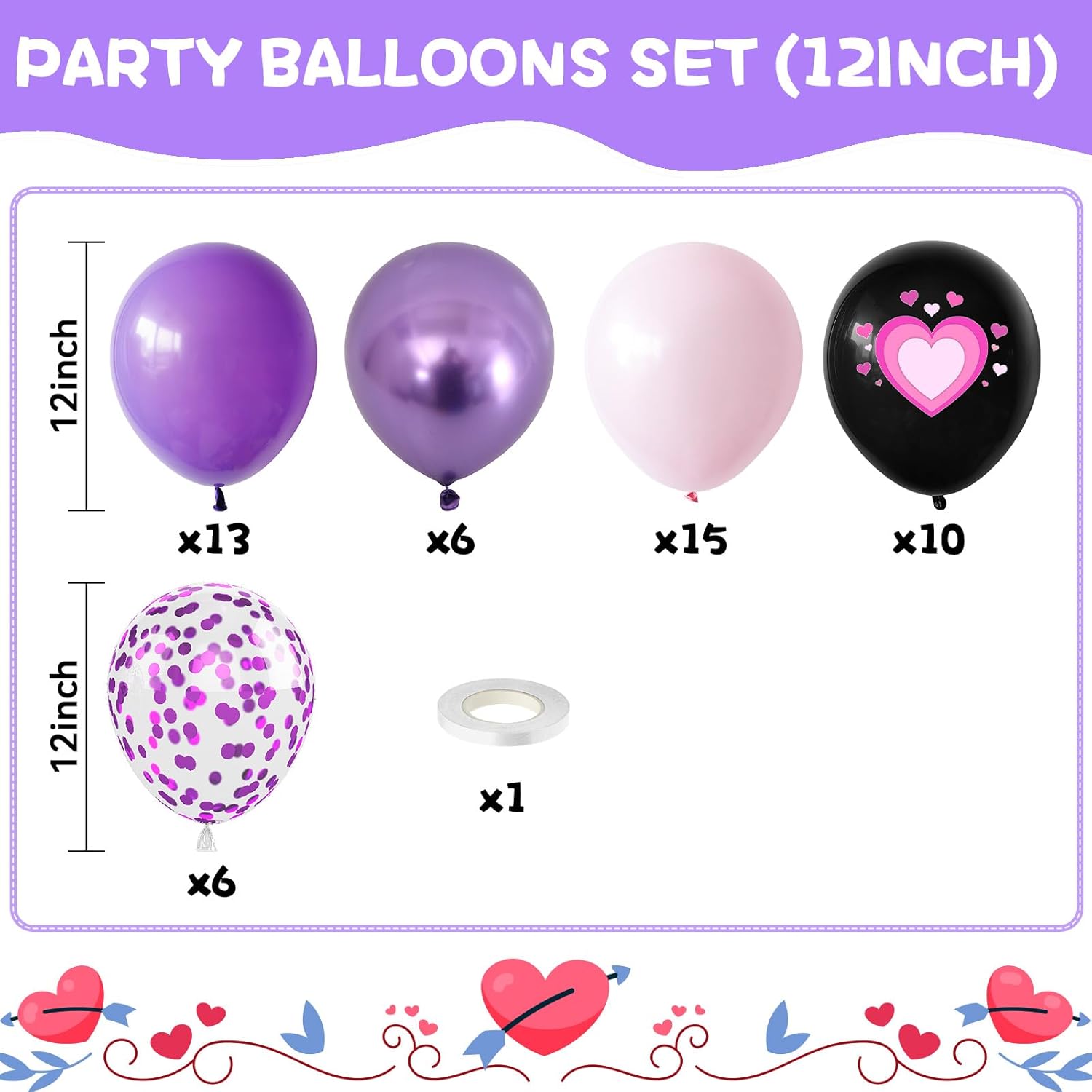 Detalle 2 de Pink Purple Black Balloons, 50PCS 12 Inch - Black Macaron Metallic Purple Pink Heart Printed for Princess Theme Party