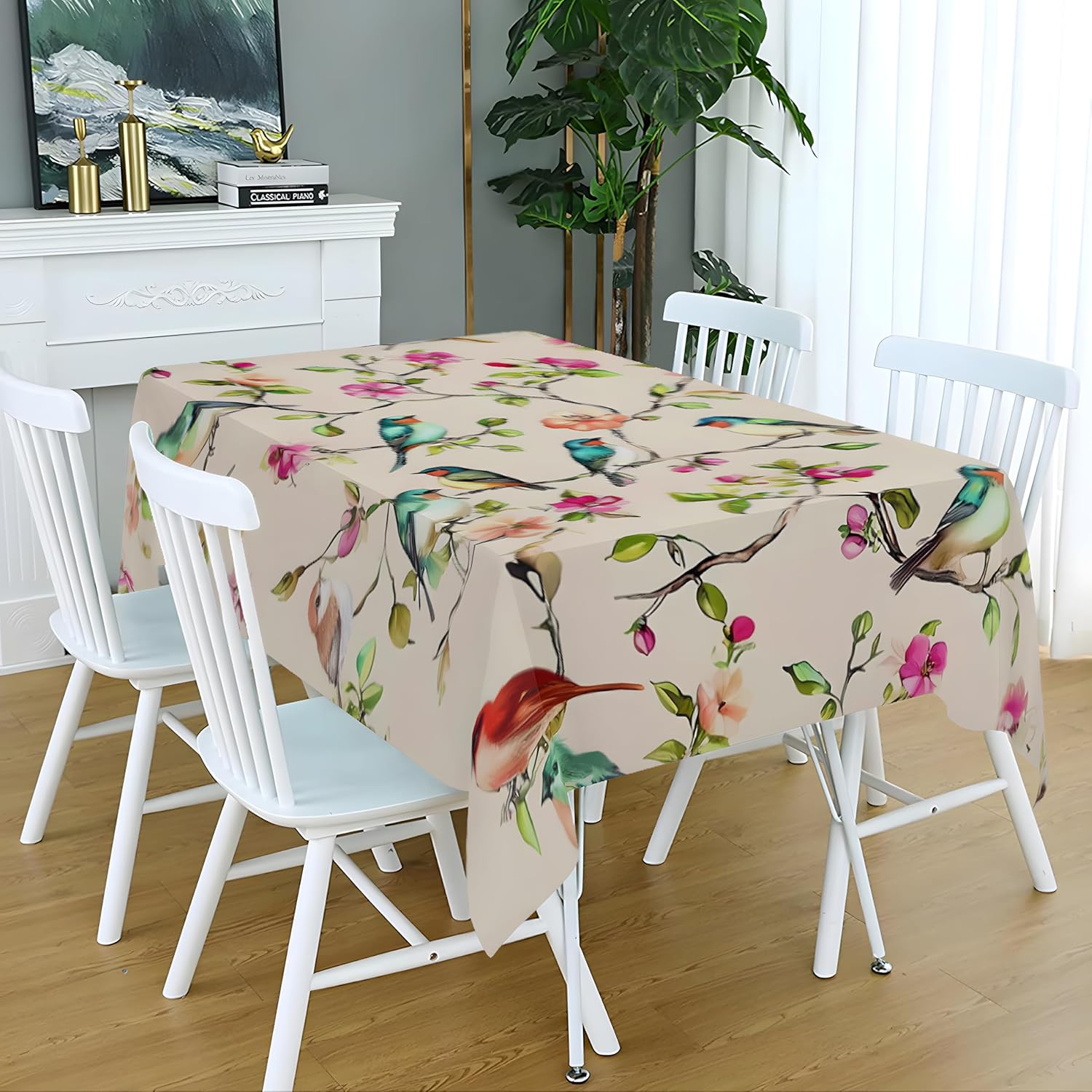 Detalle de artslion Rectangle 60x84in Tablecloth – Birds on Branches, Wipe-Clean Outdoor Cover