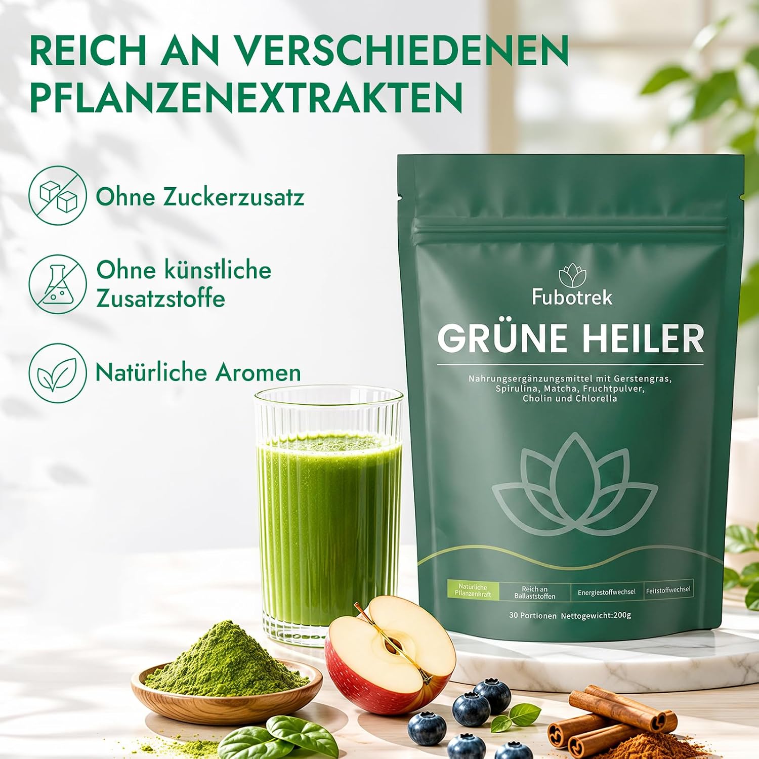 Detalle de Grüne Entgiftungspulver 200 g – Matcha, Spirulina & Heidelbeeren