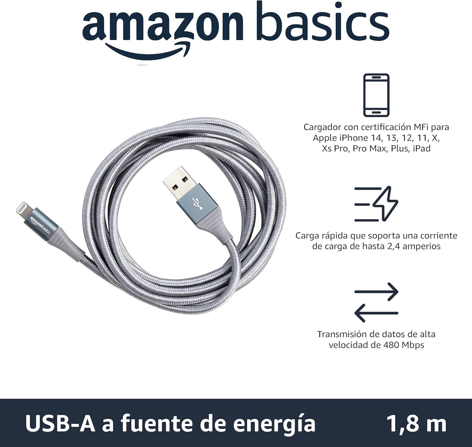Thumbnail 1 de Amazon Basics - Cable Lightning a USB-A, 1.8 m, gris oscuro ⚡
