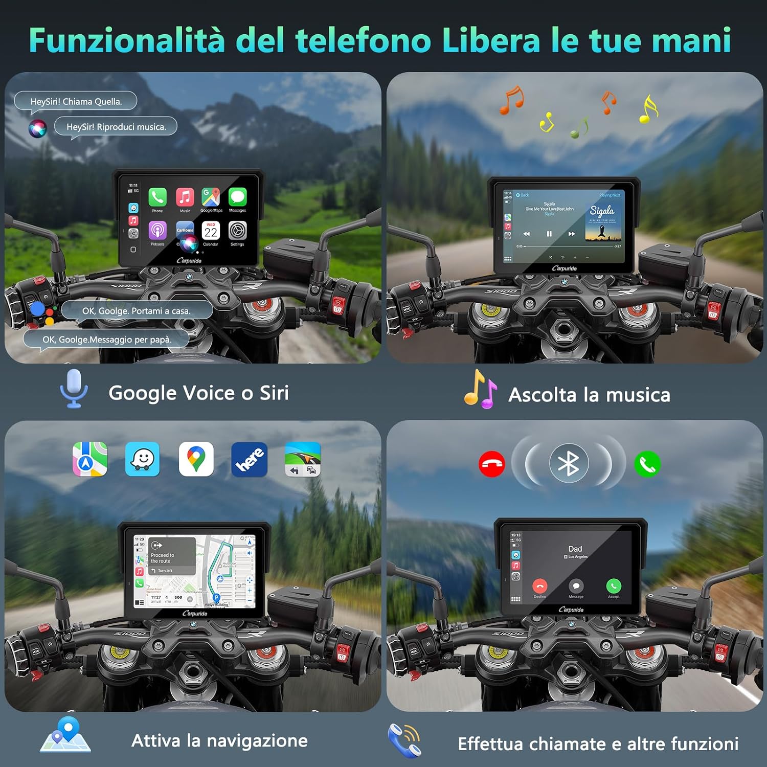 Detalle de CARPURIDE W502BS Pro: Display 5'' impermeabile con CarPlay/Android Auto per Moto BMW, TPMS e Bluetooth Dual