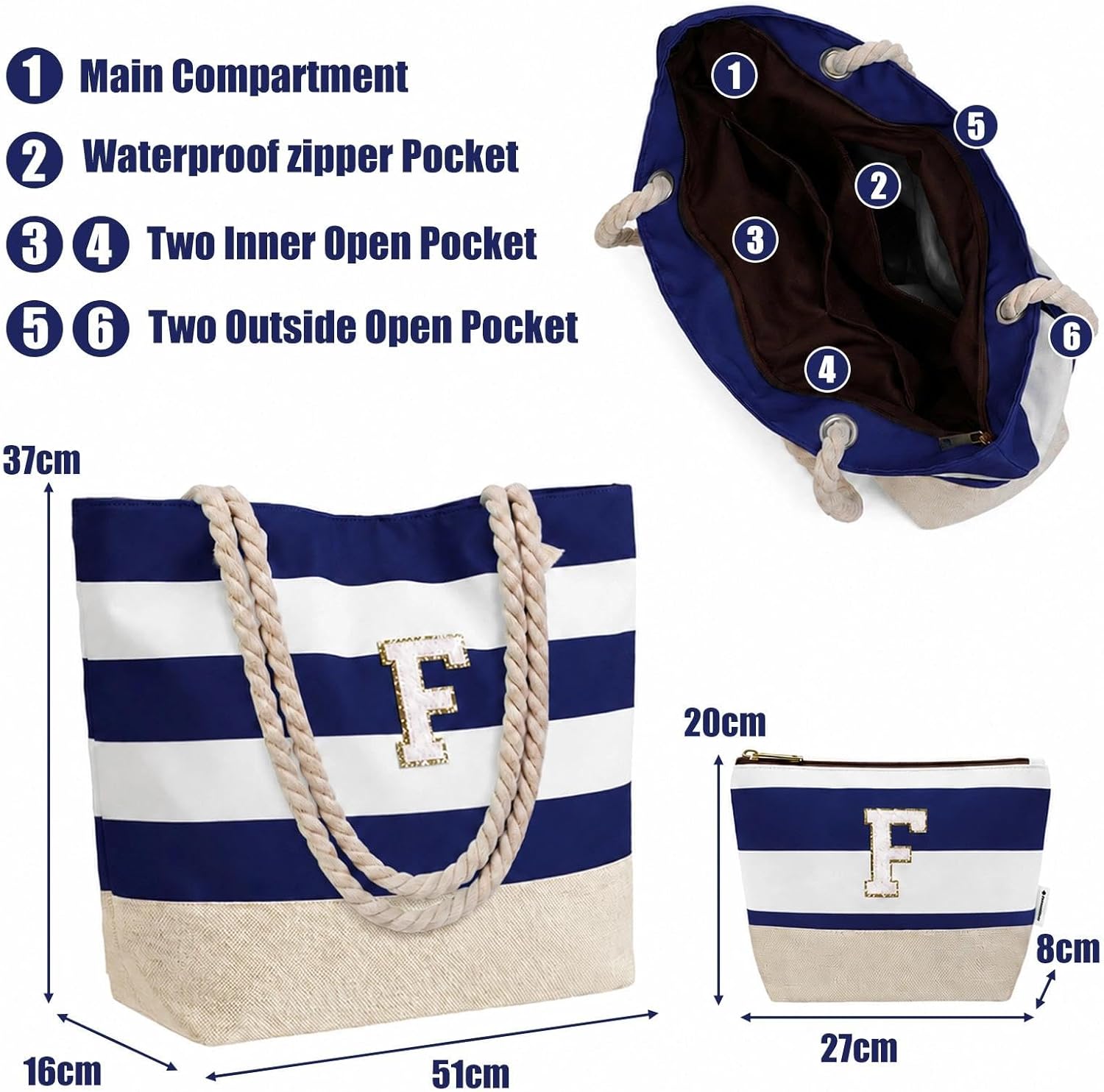 Detalle de Vavabox Initial Beach Bag with Zip and Pockets – Personalised, Water-Resistant & Foldable Large Tote Set