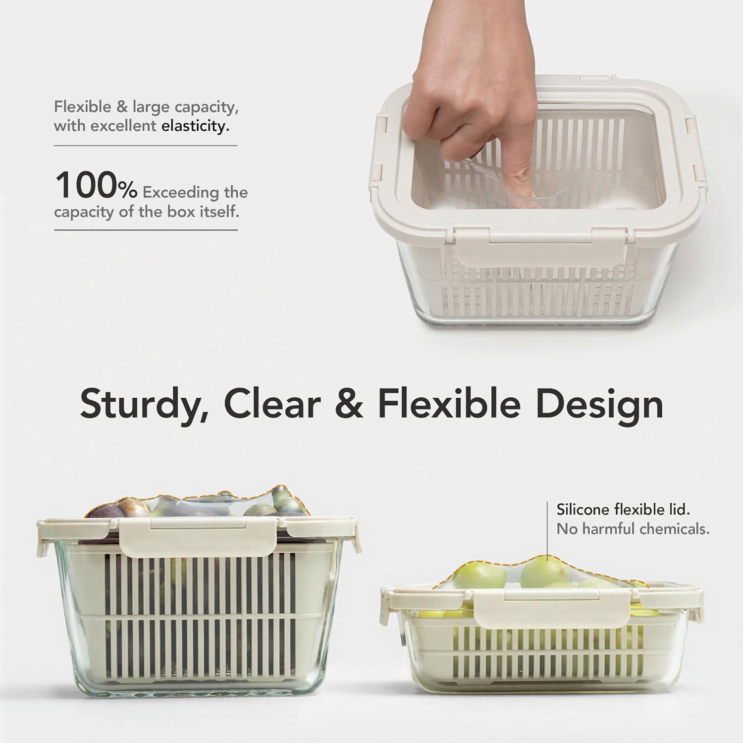 Detalle 2 de GENICOOK Glass Produce Storage Containers for Fridge – 2-Pack with Removable Colanders and Flexible Silicone Lids