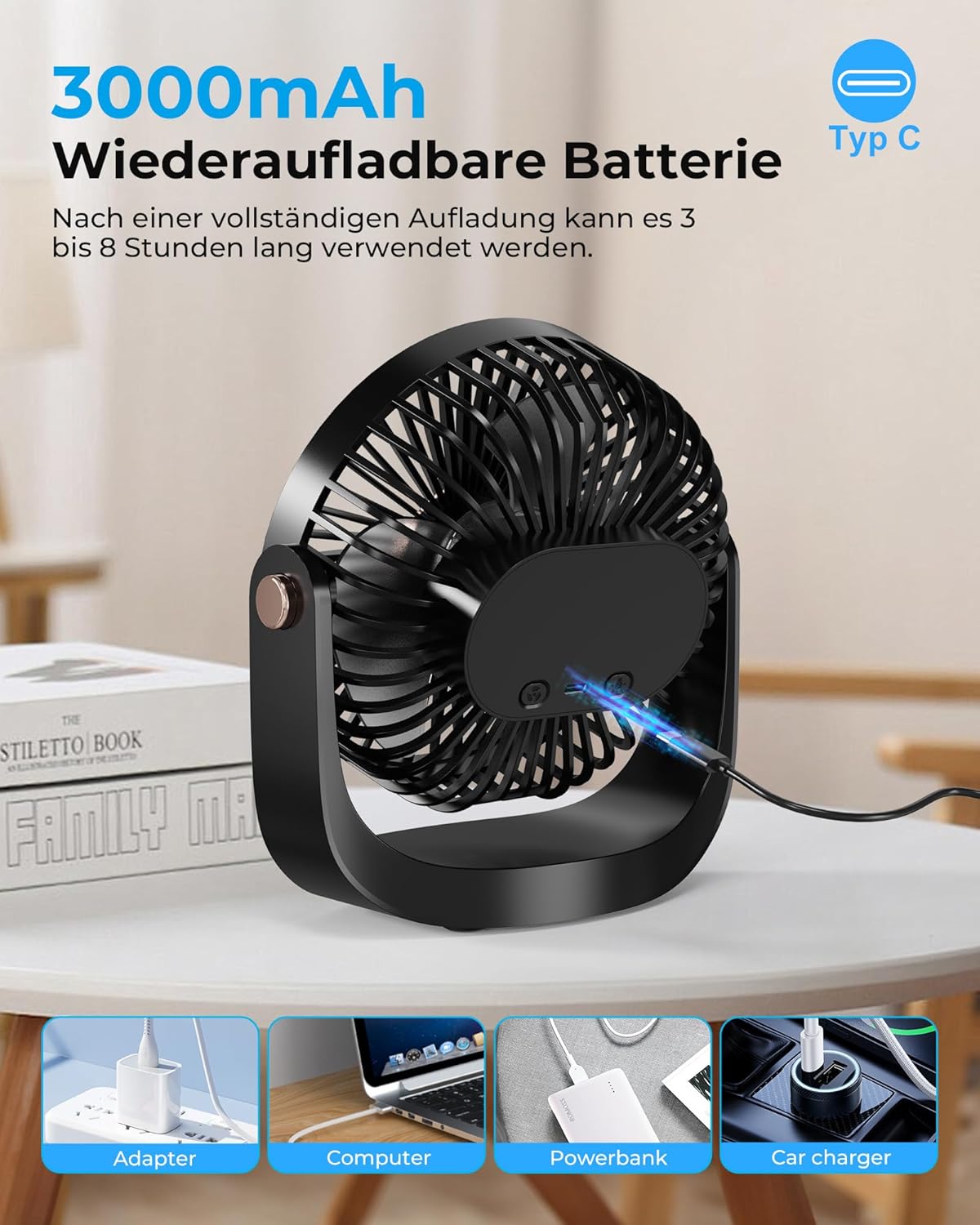 Thumbnail 4 de AICPAN Ventilator Leise – Tischventilator mit Nachtlicht, wiederaufladbar (3000 mAh), 5 Stufen, 360° neigbar, schwarz