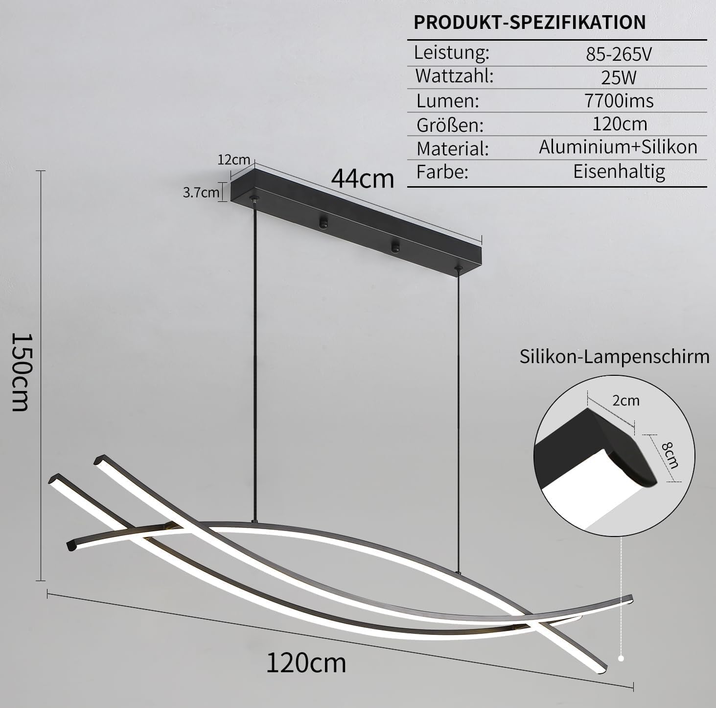 Detalle de Mikeru 120 cm verstellbare Pendelleuchte in Schwarz mit LED, 3000/4500/6000 K und Dimmung