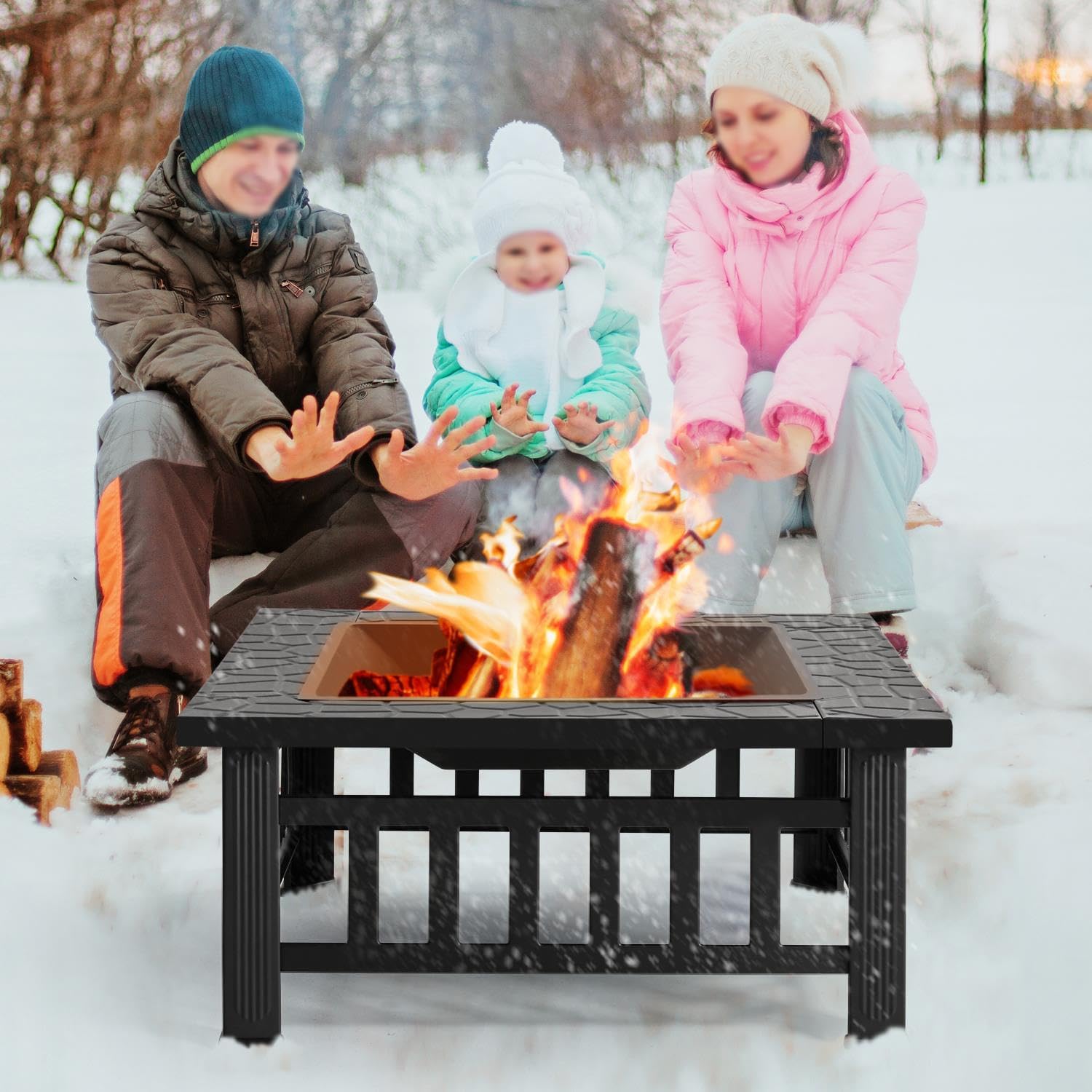 Thumbnail 1 de Yaheetech Brasero extérieur 3 en 1 carré 81×81×50 cm avec couvercle en maille et housse de protection