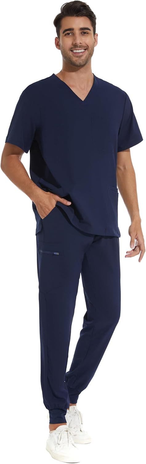 Detalle de COZYFIT Men Scrubs Set: Stretch V-Neck Top & Yoga Waistband Jogger Pants with 8 Pockets
