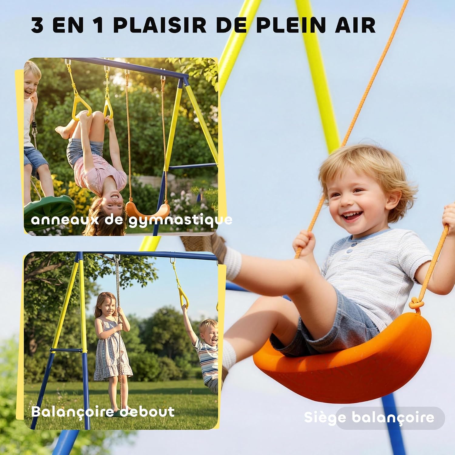 Detalle de AIYAPLAY Portique Balançoire Extérieure 3-en-1 pour Enfants (3–8 ans) – Siège, Anneaux et Balançoire à Disque