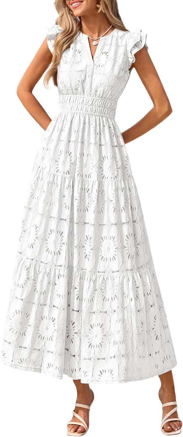 Detalle de PRETTYGARDEN Women's Boho Maxi Dress – Floral Lace Eyelet V-Neck (2026 Summer)