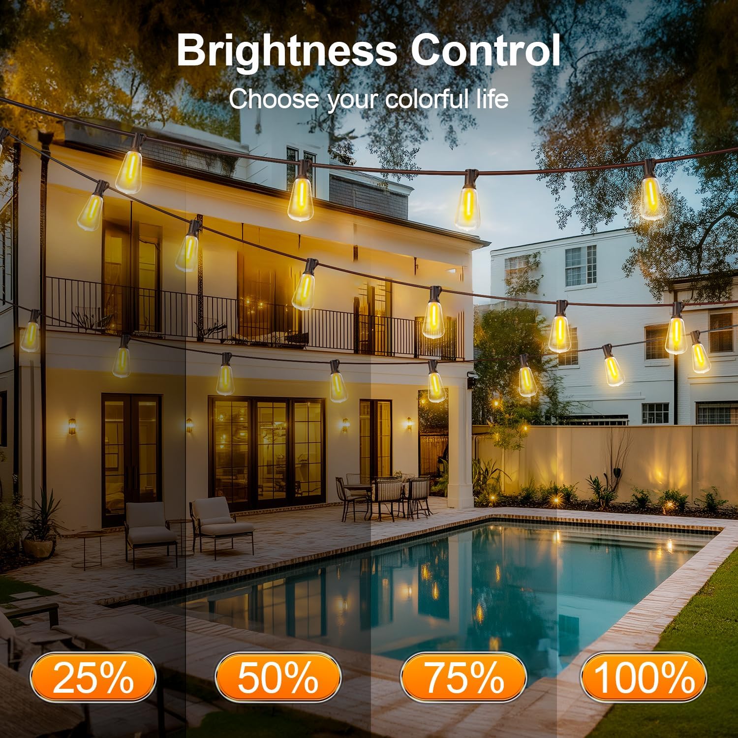Detalle de Outdoor Lights String Patio Outside (100ft) LED Waterproof ST38 Shatterproof Edison Bulbs with Remote, Dimmable