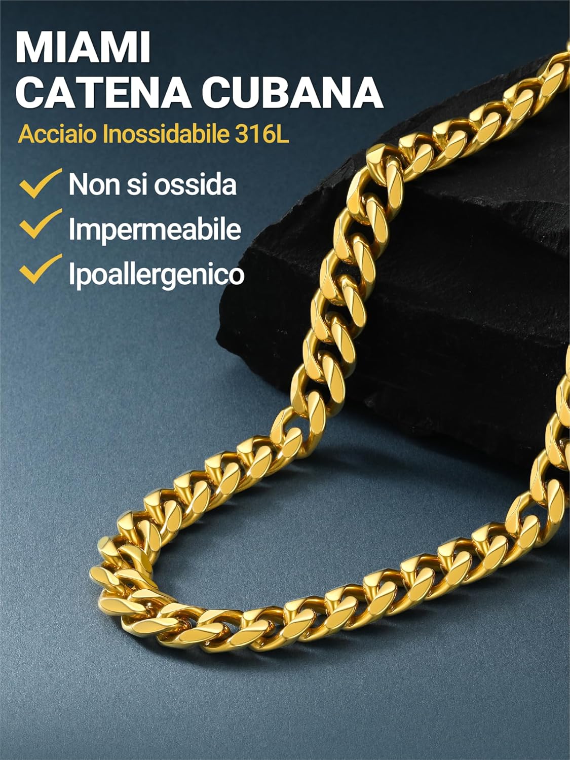 Thumbnail 4 de PROSTEEL Collana da uomo in acciaio inox 316L stile cubano Miami (6/9/12 mm, 45-75 cm) impermeabile