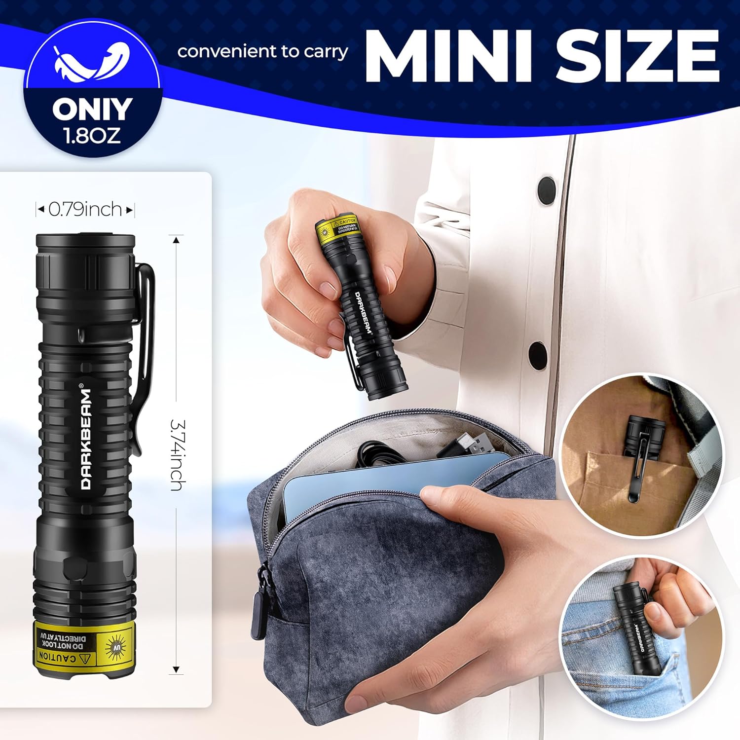 Thumbnail 5 de DARKBEAM torcia UV 365nm LED ricaricabile USB‑C mini portatile (luci nere/Wood)