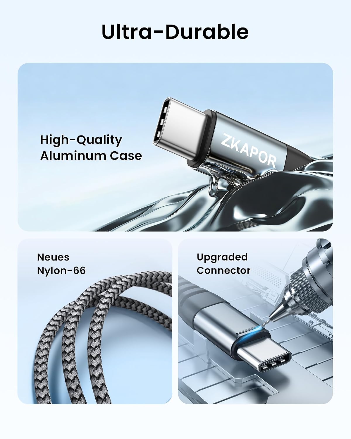 Detalle 2 de ZKAPOR Extra Lang USB‑C Kabel 5 m (Nylon) mit Schnellladung bis 3 A & 480 Mbit/s