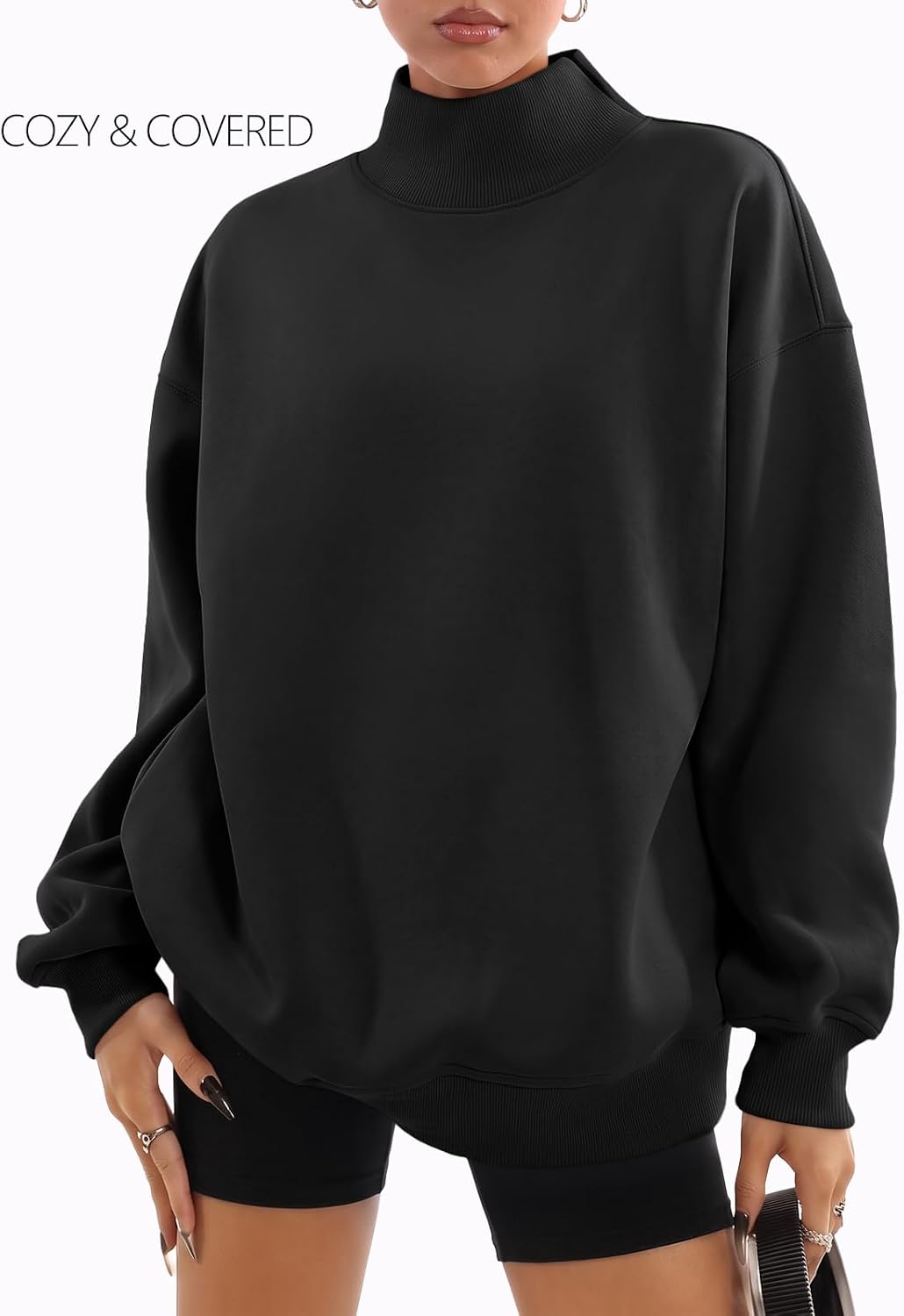 Detalle de Trendy Queen Women's Mock Neck Oversized Sweatshirt – Cozy, Versatile Fall Pullover