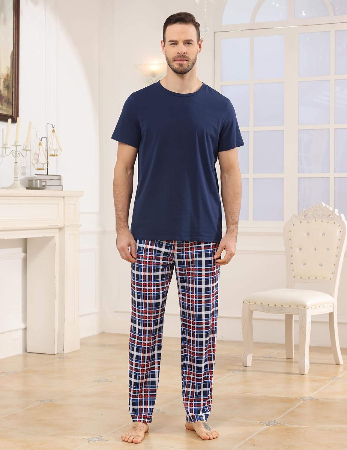 Thumbnail 6 de TeJoyce Men's Pyjamas Set: Cotton Short Sleeve Top & Plaid Long Pants (2-Piece) for Lounge and Sleep