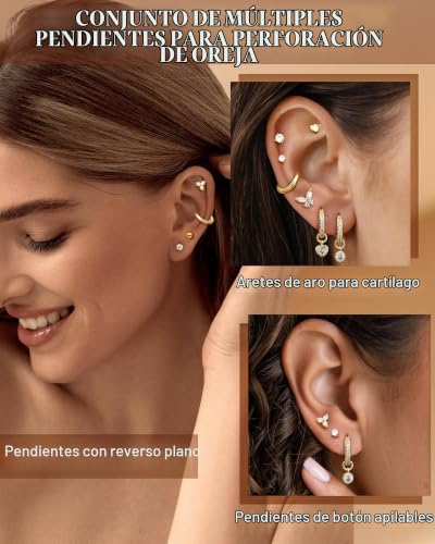Detalle de CASSIECA: 15 pares de pendientes dorados para mujer — aro, botón y colgante en acero quirúrgico hipoalergénico