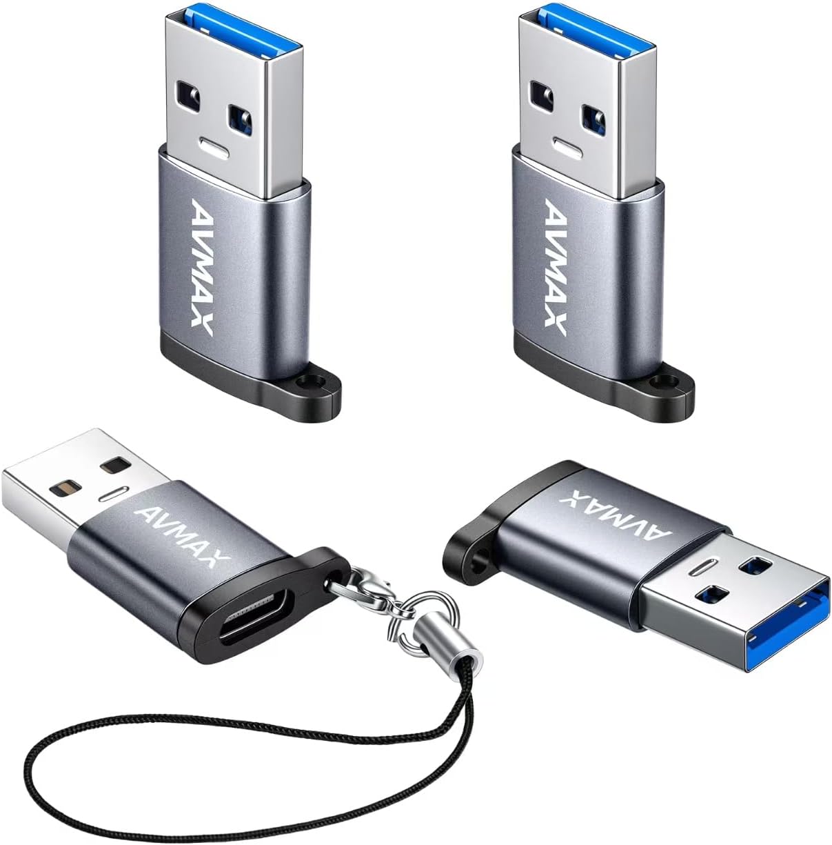 Detalle de AVMAX USB to USB-C Adapter 4-Pack, USB-A Male to USB-C Female, Gray