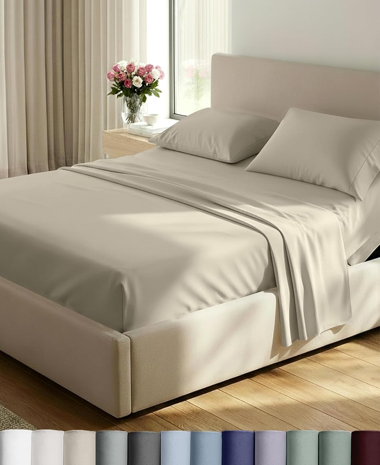 Detalle de California Design Den Split King Sheet Set (Luxury 800 Thread Count) in Beige